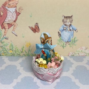 Dollhouse Peter Rabbit Easter Display, Peter Rabbit Doll, Spring Flowers, Handmade, 1/12th Scale