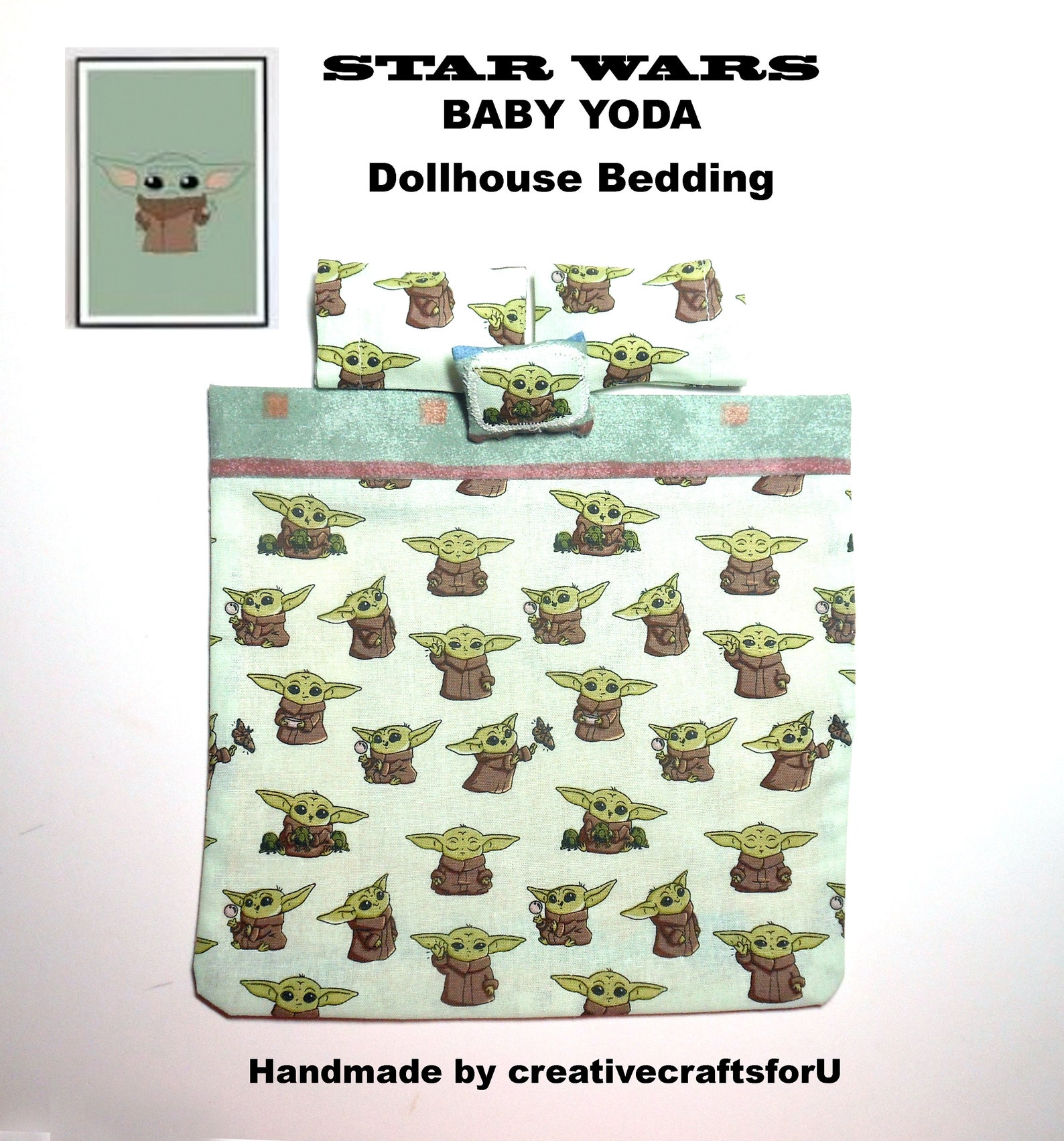 Dollhouse Baby Yoda Reversible Bedding Set 3 Pillows Star Etsy