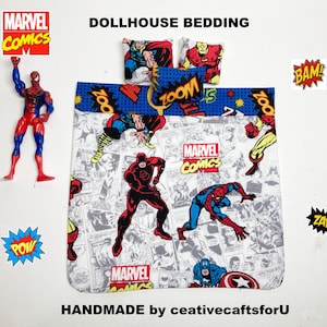 Dollhouse Marvel Comics Bedding Set, 3 Pillows, Super Heros: SpiderMan, Hulk, Thor, Iron Man, Dare Devil, Boys, Handmade, 1/12th Scale