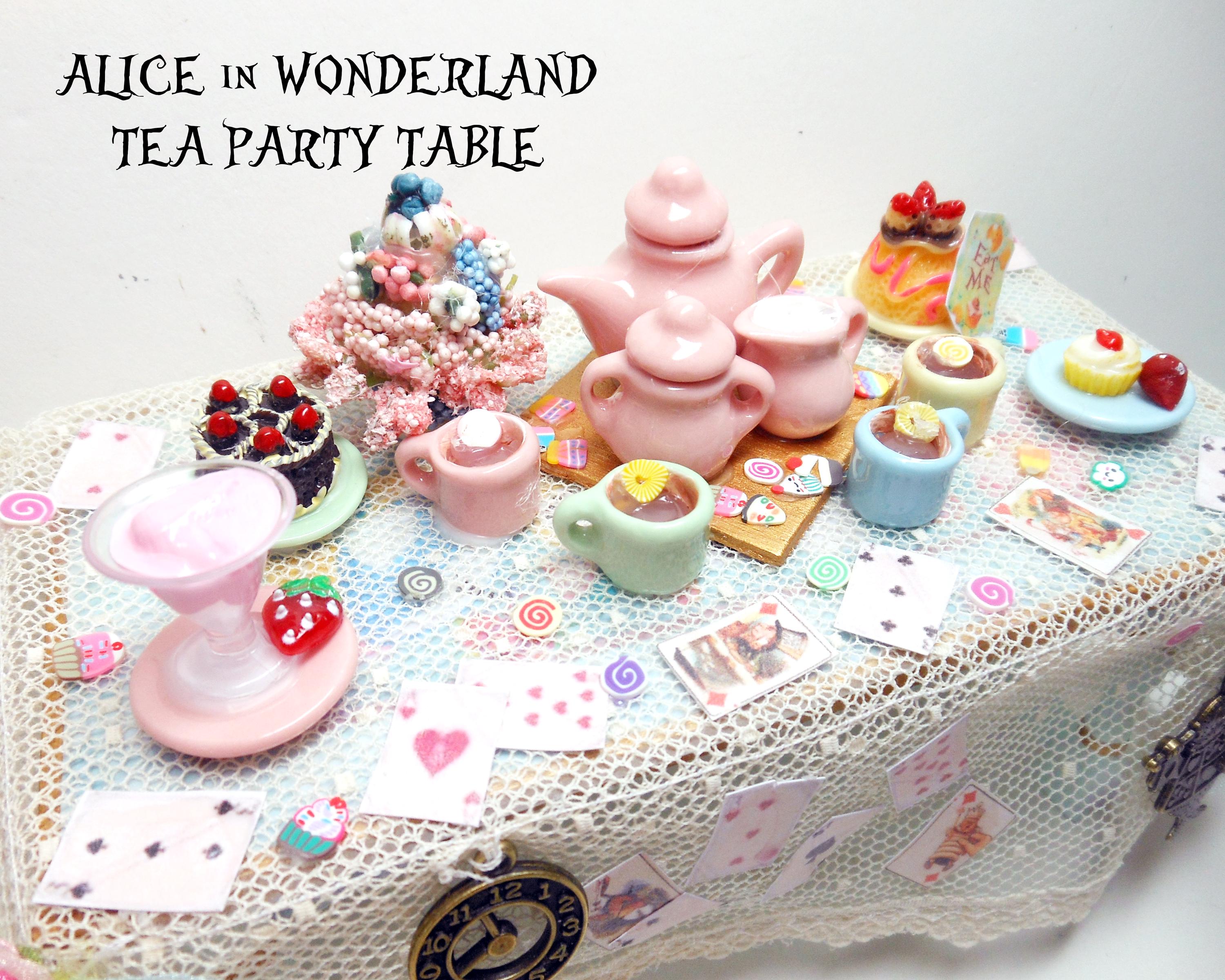 Alice in Wonderland Dollhouse Tea Party Table, Chairs, Tea Pot