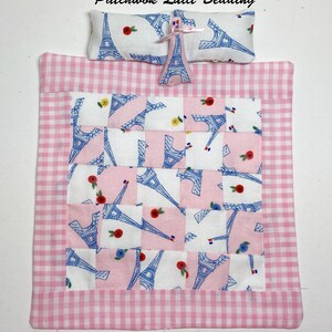 Dollhouse Paris Bedding Set, 3 Pillows, Patchwork Quilt, Eiffel Tower, Pink, Pretty, Girls or Ladies, Handmade, 1/12th Scale
