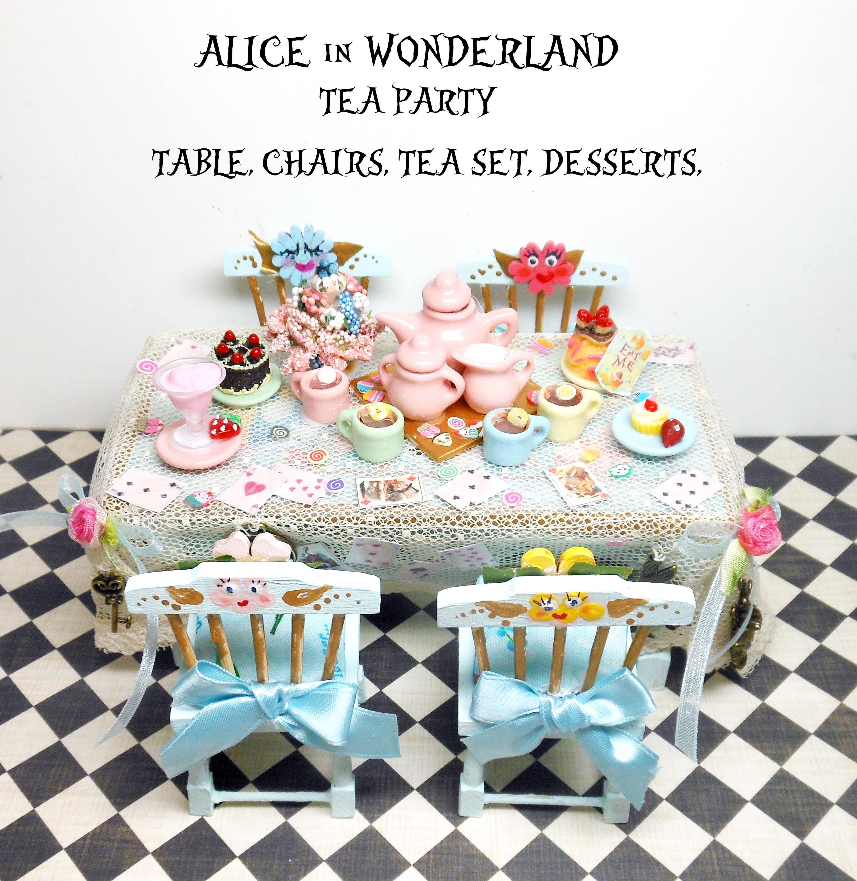 Alice in Wonderland Dollhouse Tea Party Table, Chairs, Tea Pot
