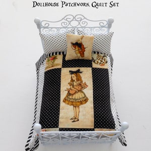 Alice in Wonderland Dollhouse Bedding with 3 Pillows White Rabbit Girls Bedroom Cheshire Cat Pretty Pastel Soft Art Alice 112th Scale