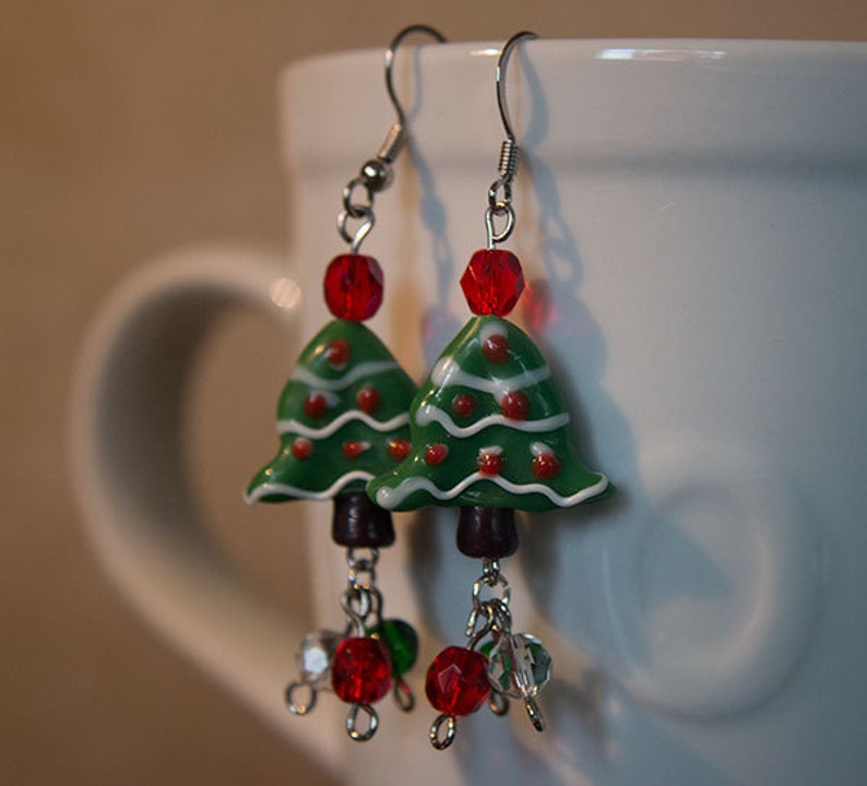 Glass Christmas Tree Dangle Earrings image 1