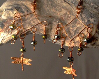 Copper & Green Dragonfly Chandelier Earrings