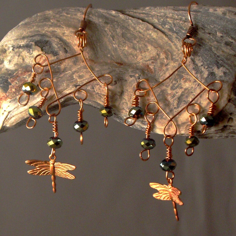 Copper & Green Dragonfly Chandelier Earrings image 1