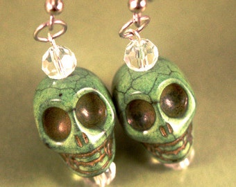 Green Turqoise Skull Dangle Earrings