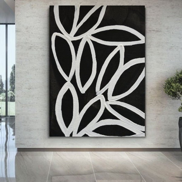 New B/W Petals Large Oversized  36" x 48" Canvas Painting Abstract Minimalist Modern Original Contemporary Artworkby ArtbyDinaD