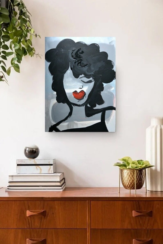 Black/white/blue/grey/red Boss Lady 18x24 Canvas Painting Abstract