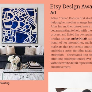 May include: Blue and white abstract painting on canvas with a white background and blue lines. The painting is hanging on a wall in a living room with a couch and coffee table. The painting is titled "Blue Roads Canvas Painting" and the artist is "ArtbyDinaD".
