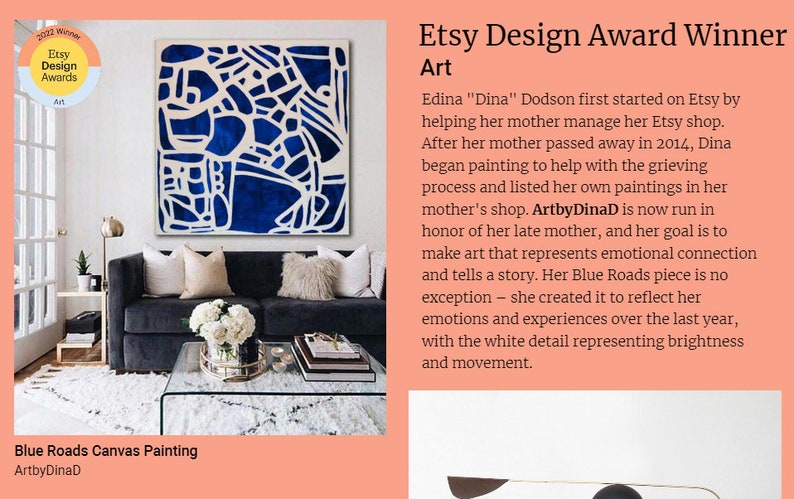 May include: Blue and white abstract painting on canvas with a white background and blue lines. The painting is hanging on a wall in a living room with a couch and coffee table. The painting is titled "Blue Roads Canvas Painting" and the artist is "ArtbyDinaD".