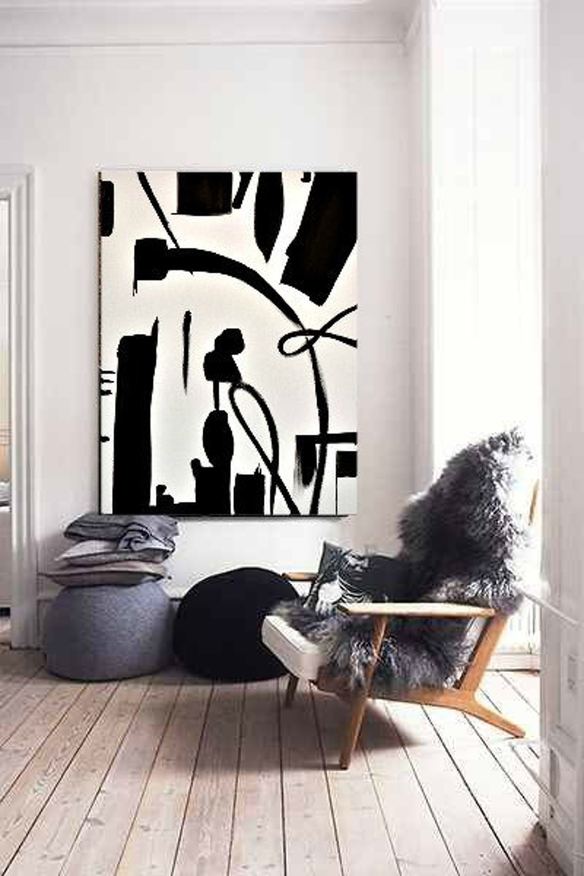 SaleB&W Canvas Painting 36 x 48 Abstract Minimalist Modern Etsy