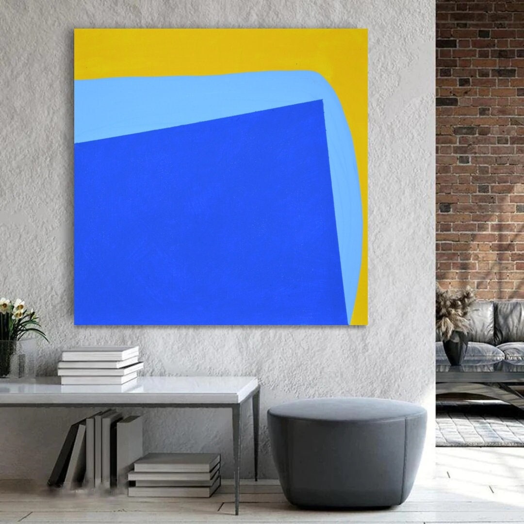 Blue Yellow White Colors Large Canvas Wall Art, Abstract Art