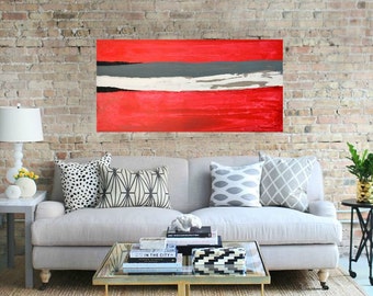 Red, Grey, White Large 24"x48" Canvas Painting AbstractMinimalist Art Modern Artwork Original Painting Contemporary Art by Dina