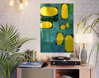 LARGE 24"x36" Green/Teal/Black/Yellow Canvas Painting Abstract Minimalist Modern Original Contemporary Artwork Commission Art