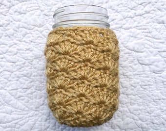 Mason Jar Cozy - Pint Sized Jar Cover - Pale Gold Crochet Soft Acrylic - READY TO SHIP - Home Office Nursery - Makes a Great Gift