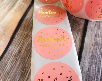 Handmade With Love Round Stickers - 1.5" Pink & Gold Round Stickers Qty 100 - Stickers for Handmade Gifts - READY TO SHIP