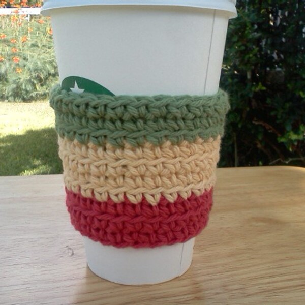 Coffee Cup Cozy, Crochet Coffee Sleeve - Cotton Green Yellow Red - Great Gift Stocking Stuffer - READY TO SHIP - Ships Free With Other Items