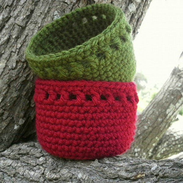 Round Crochet Baskets - Christmas Baskets - Crochet Bowls Set of 2 - Acrylic in Cranberry Red and Olive Green - Gift Baskets - READY TO SHIP