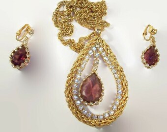 Hobe Amethyst Amethyst Purple, Clear Rhinestones & Golden Mesh Necklace and Earrings Set, February Birthday
