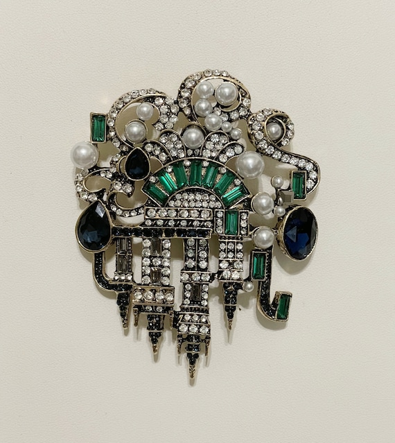 Art Deco Revival Large Brooch Set With Emerald, Sa