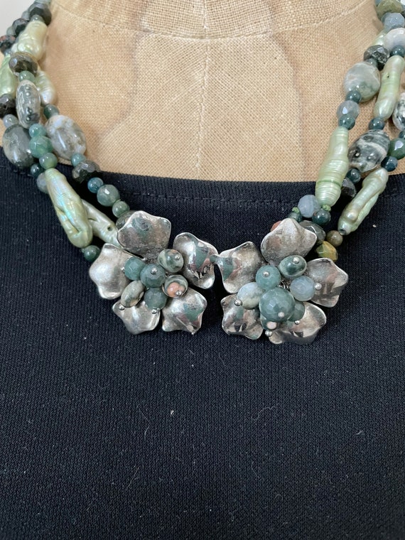 925 Sterling Silver Dyed Green Biwa Pearls & Mult… - image 7