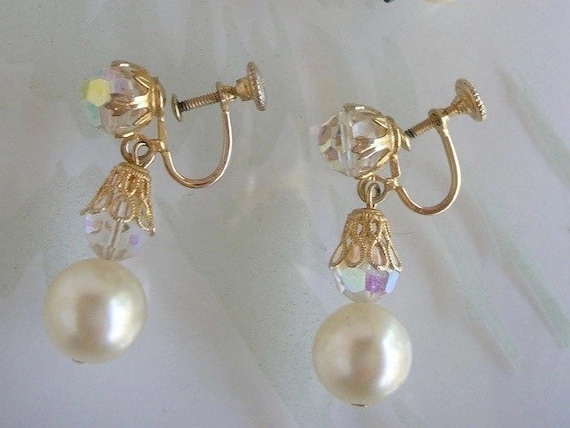 Signed Sherman Faux Pearl and AB Crystal Rhinesto… - image 1