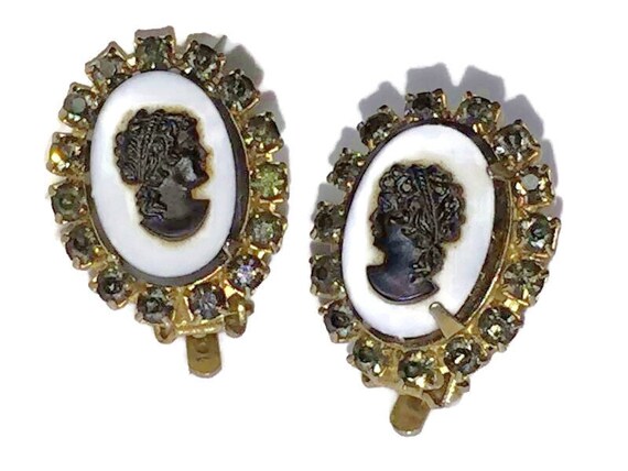 Newhouse Black Rhinestones & White Glass Cameo Cl… - image 1