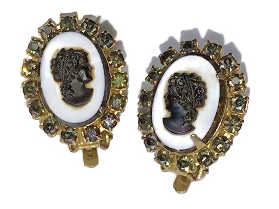 Newhouse Black Rhinestones & White Glass Cameo Cl… - image 6