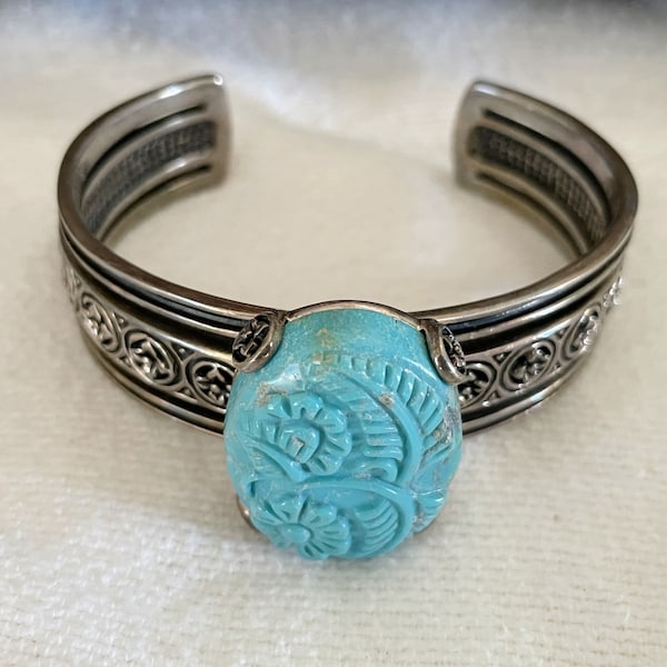 Barse Thailand 925 Sterling Silver & Carved Blue Turquoise Cuff Bracelet
