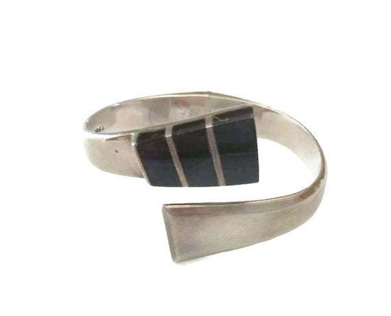 Bold Taxco 925 Sterling Silver & Onyx Inlay Hinge… - image 1