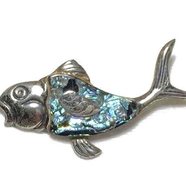 925 Sterling Silver Abalone Fish or Sea Life Brooch, Unidentifiable Markings, Hecho en Mexico