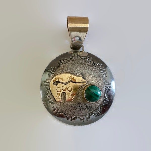 Navajo R J Robert Johnson Sterling Silver & 120 12KGF Pendant with Malachite and Bear Symbol for Strength