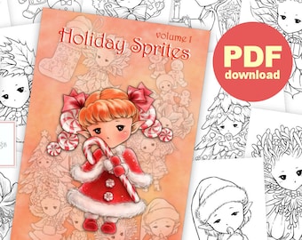 PDF Libro para colorear Holiday Sprites volumen 1 - 12 imágenes de hadas elfos navideños para colorear para todas las edades - Aurora Wings - Arte de Mitzi Sato-Wiuff