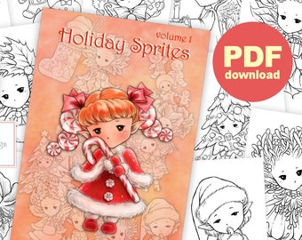 PDF Libro para colorear Holiday Sprites volumen 1 - 12 imágenes de hadas elfos navideños para colorear para todas las edades - Aurora Wings - Arte de Mitzi Sato-Wiuff