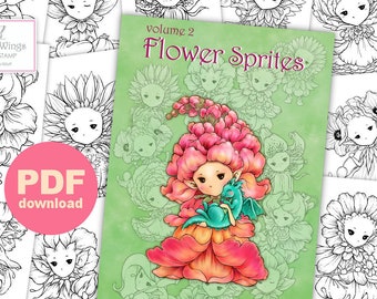 PDF Libro para colorear Flower Sprites Volumen 2 - 12 imágenes caprichosas de elfos de hadas de plantas de jardín para todas las edades - Aurora Wings - Arte de Mitzi Sato-Wiuff