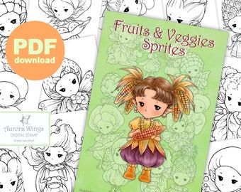 PDF Libro para colorear Sprites de frutas y verduras - 12 imágenes de elfos de hadas de plantas comestibles para colorear para todas las edades - Aurora Wings - Arte de Mitzi Sato-Wiuff