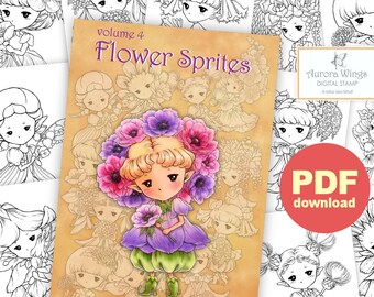 PDF Flower Sprites Coloring Book Volume 4 - 12 Whimsical Garden Plant Fairy Elf Images for All Ages - Aurora Wings - Art by Mitzi Sato-Wiuff