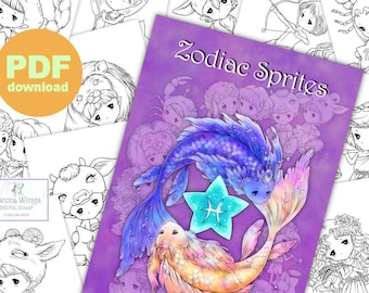 PDF Zodiac Sprites Coloring Book - 12 Astrology Sign Elf Fairy Images to Color for All Ages - Aurora Wings - Art by Mitzi Sato-Wiuff