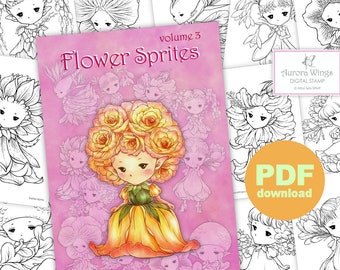 PDF Libro para colorear Flower Sprites Volumen 3 - 12 imágenes caprichosas de elfos de hadas de plantas de jardín para todas las edades - Aurora Wings - Arte de Mitzi Sato-Wiuff