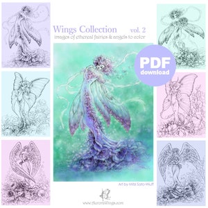 PDF Adult Coloring Page Bundle Wings Collection vol. 2 6 Beautiful Fantasy Faries & Angels Line Art for Coloring by Mitzi Sato-Wiuff image 1