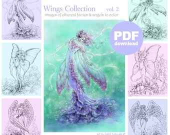 Paquete de páginas para colorear para adultos en PDF - Colección Wings vol. 2 - 6 hermosos dibujos lineales de hadas y ángeles de fantasía para colorear por Mitzi Sato-Wiuff