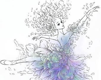 Digital Stamp - Ballet - Flower Ballerina - Graceful Dancer in Floral Costume and Pointe Shoes - Fantasy Line Art for Cards & Crafts