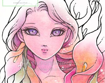 Digital Stamp - Calla Lily Sprite (Big Eye) - Fairy with Calla Lilies - Fantasy Line Art for Hand Made Cards & Coloring by Aurora Wings
