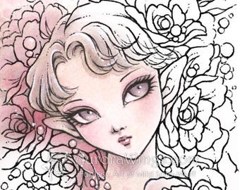 Digital Stamp - Rose Fairy - Instant Download - Big Eye Elf with Roses - Fantasy Line Art for Cards & Crafts by Mitzi Sato-Wiuff