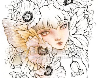 Digital Stamp - White Poppy - Poppy Fairy with Butterfly Wing Ears - Fantasy Line Art for Cards & Crafts by Mitzi Sato-Wiuff