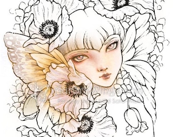 Digitaler Stempel - Weißer Mohn - Mohn Fee mit Schmetterlingsflügel Ohren - Fantasy Line Art für Cards & Crafts by Mitzi Sato-Wiuff