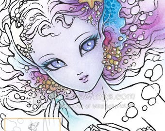 Digital Stamp - Mermaid's Wish - Message in a Bottle - digistamp - Big Eye Mermaid - Line Art for Cards & Crafts by Mitzi Sato-Wiuff