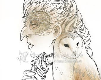 Digital Stamp Instant Download - Owl Masquerade - Masked Woman with Barn Owl - Fantasy Line Art for Cards & Crafts by Mitzi Sato-Wiuff