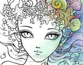 Digital Stamp - Princess of the Sea - Big Eye Mermaid w/ Starfish, Shells, and Pearls - Line Art for Cards & Crafts by Mitzi Sato-Wiuff